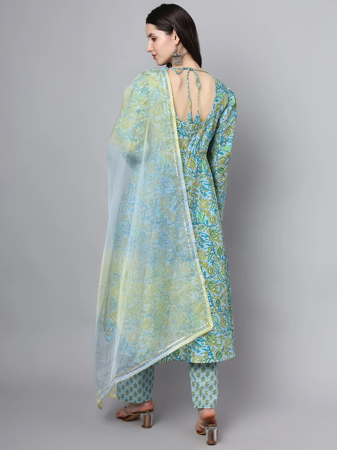 Sky Blue Cotton Ethnic Floral Print Anarkali Kurta Sets