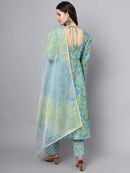 Sky Blue Cotton Ethnic Floral Print Anarkali Kurta Sets