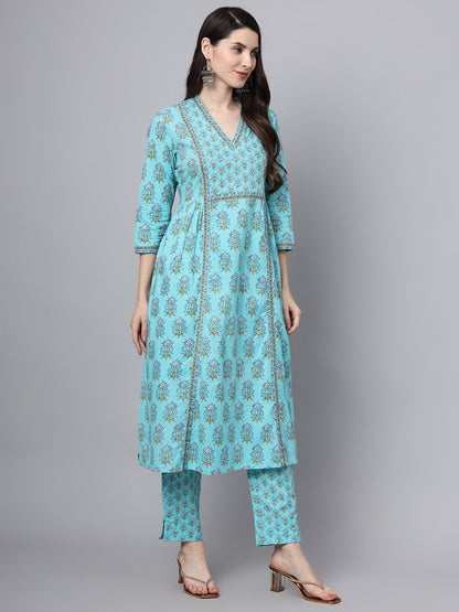 Sky Blue Cotton Printed Sequin Kurta Set