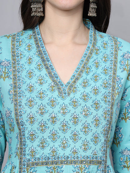 Sky Blue Cotton Printed Sequin Kurta Set