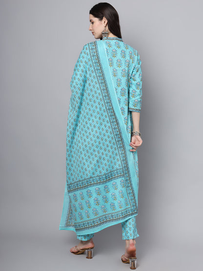 Sky Blue Cotton Printed Sequin Kurta Set