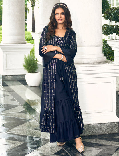 Navy Blue Party Wear Georgette Shrug Suit With Embrodiery Work