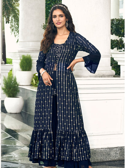 Navy Blue Party Wear Georgette Shrug Suit With Embrodiery Work