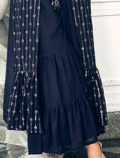 Navy Blue Party Wear Georgette Shrug Suit With Embrodiery Work