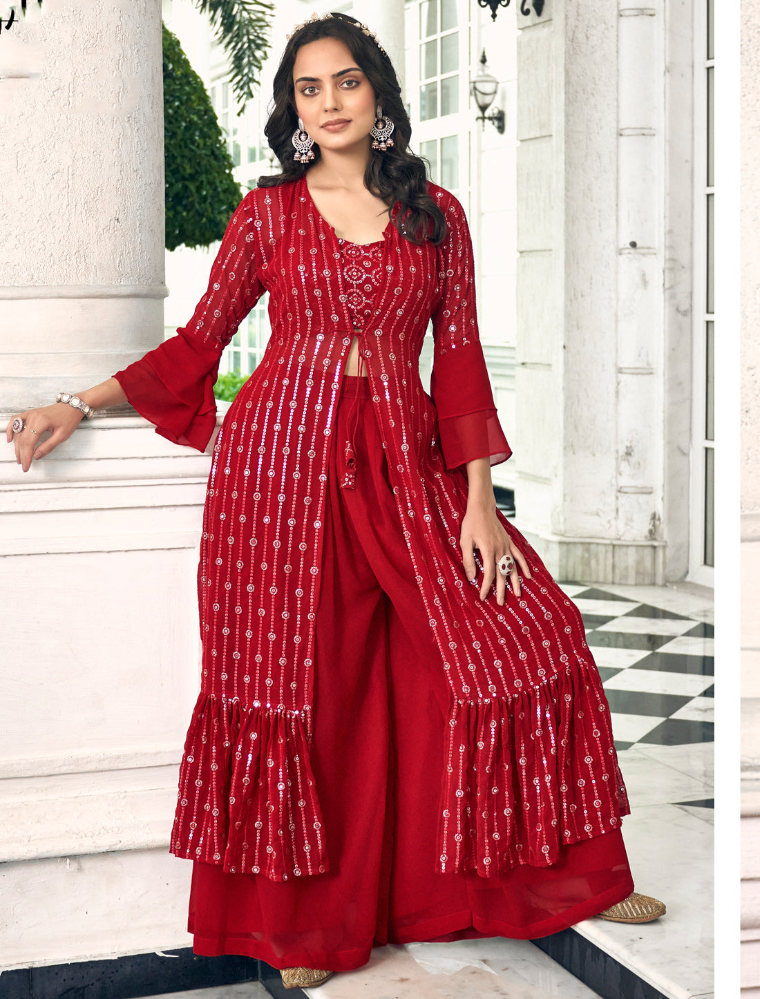 Red Ethnic Georgette with Embroidery Work Sharara Palazzo Suit