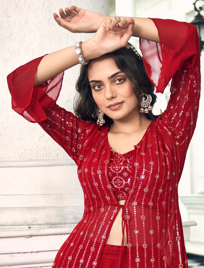 Red Party Wear Georgette with Embroidery Work Shrug Suit