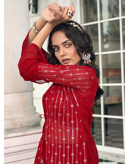 Red Party Wear Georgette with Embroidery Work Shrug Suit