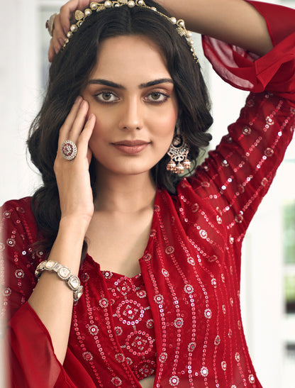 Red Party Wear Georgette with Embroidery Work Shrug Suit