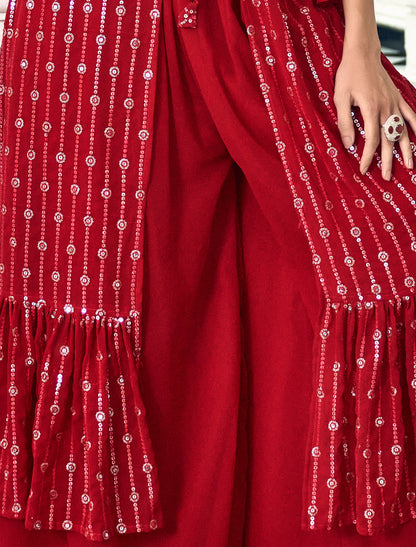 Red Party Wear Georgette with Embroidery Work Shrug Suit