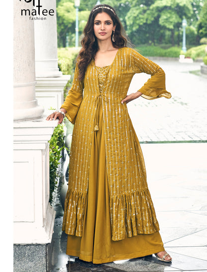 Yellow Georgette Party Wear Shrug Suit With Embrodiery Work