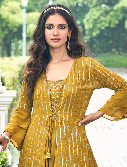 Yellow Georgette Party Wear Shrug Suit With Embrodiery Work