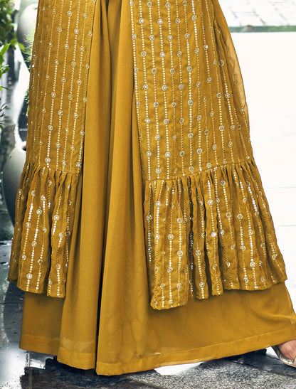 Yellow Georgette Party Wear Shrug Suit With Embrodiery Work