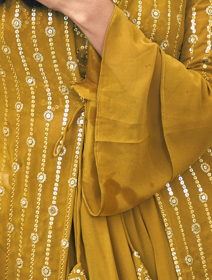 Yellow Georgette Party Wear Shrug Suit With Embrodiery Work