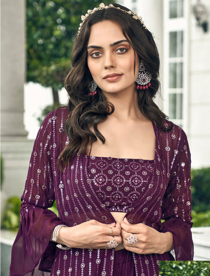 Wine Ethinc Party Wear Georgette Shrug Suit With Embrodiery Work