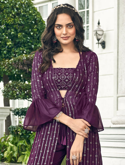 Wine Ethinc Party Wear Georgette Shrug Suit With Embrodiery Work