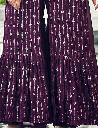 Wine Ethinc Party Wear Georgette Shrug Suit With Embrodiery Work