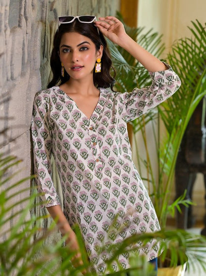White Ethnic Floral Print Pure Cotton A-line Casual Top