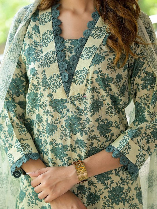 Ethnic Bottle Green Floral Print Cotton Kurta Set for Women