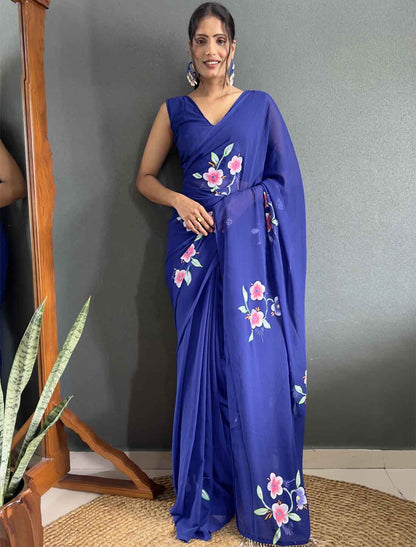 Blue Faux Georgette Ethnic Hand Painted Ready To Wear Saree
