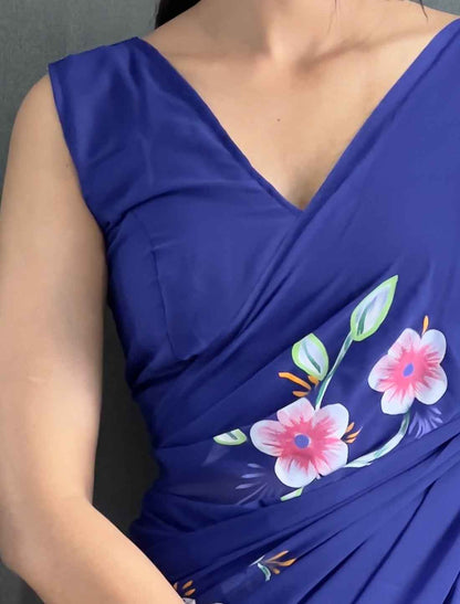 Blue Faux Georgette Ethnic Hand Painted Ready To Wear Saree