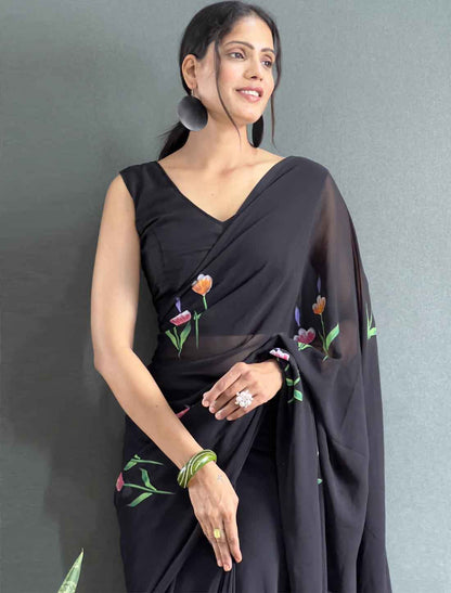 Black Ethnic Faux Georgette Hand Painted Ready To Wear Saree