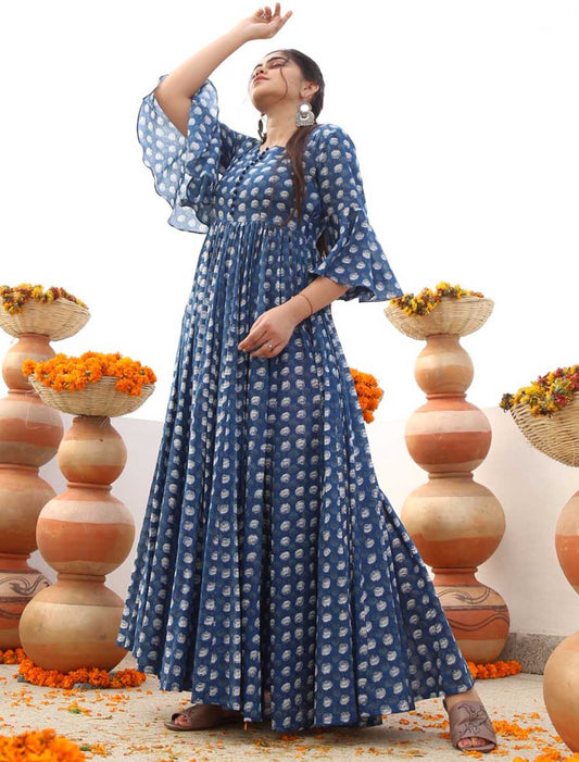 Pure Cotton With Heavy Crepe Westren Style Long Gown