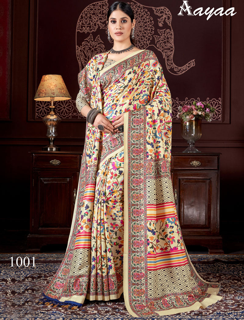 Off White Pashmina Blouse And Shawl With Digital Print Stylish Beautiful Looking Sarees