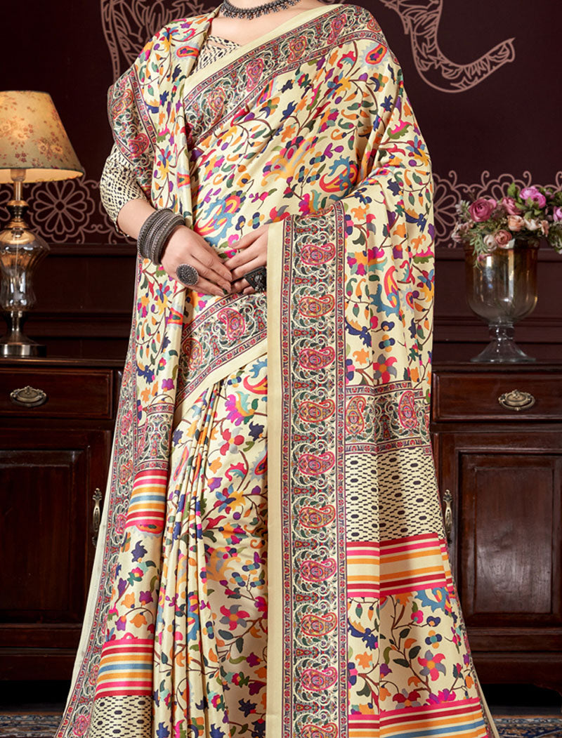 Off White Pashmina Blouse And Shawl With Digital Print Stylish Beautiful Looking Sarees