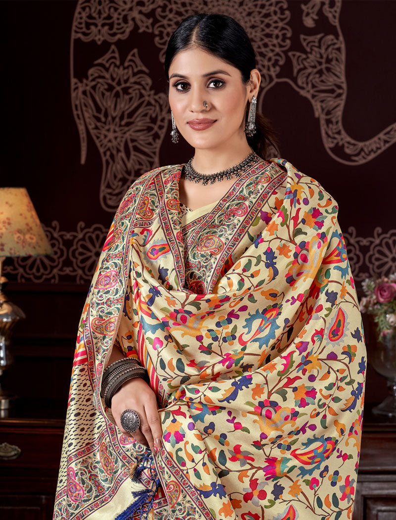 Off White Pashmina Blouse And Shawl With Digital Print Stylish Beautiful Looking Sarees