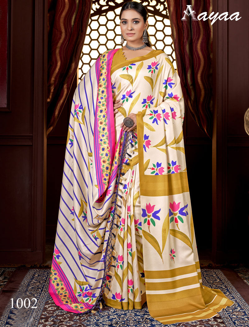 Cream Pashmina Blouse And Shawl With Digital Print Stylish Beautiful Looking Sarees