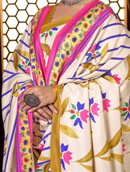 Cream Pashmina Blouse And Shawl With Digital Print Stylish Beautiful Looking Sarees
