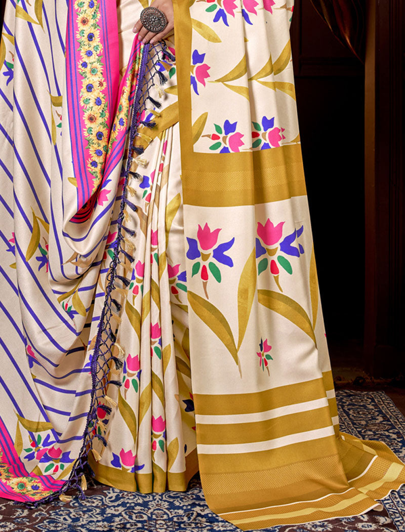 Cream Pashmina Blouse And Shawl With Digital Print Stylish Beautiful Looking Sarees