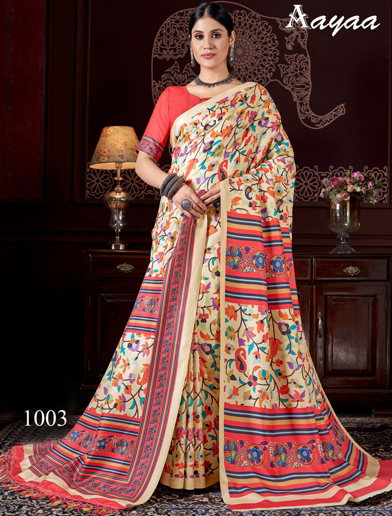 Off White & Peach Pashmina Blouse And Shawl With Digital Print Stylish Beautiful Looking Sarees