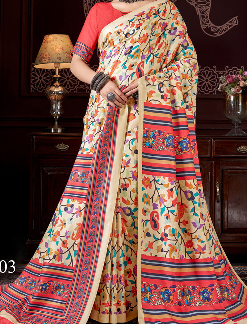 Off White & Peach Pashmina Blouse And Shawl With Digital Print Stylish Beautiful Looking Sarees