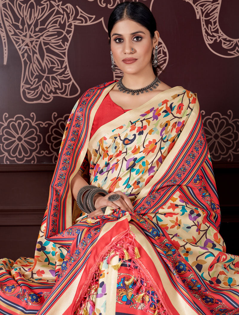 Off White & Peach Pashmina Blouse And Shawl With Digital Print Stylish Beautiful Looking Sarees