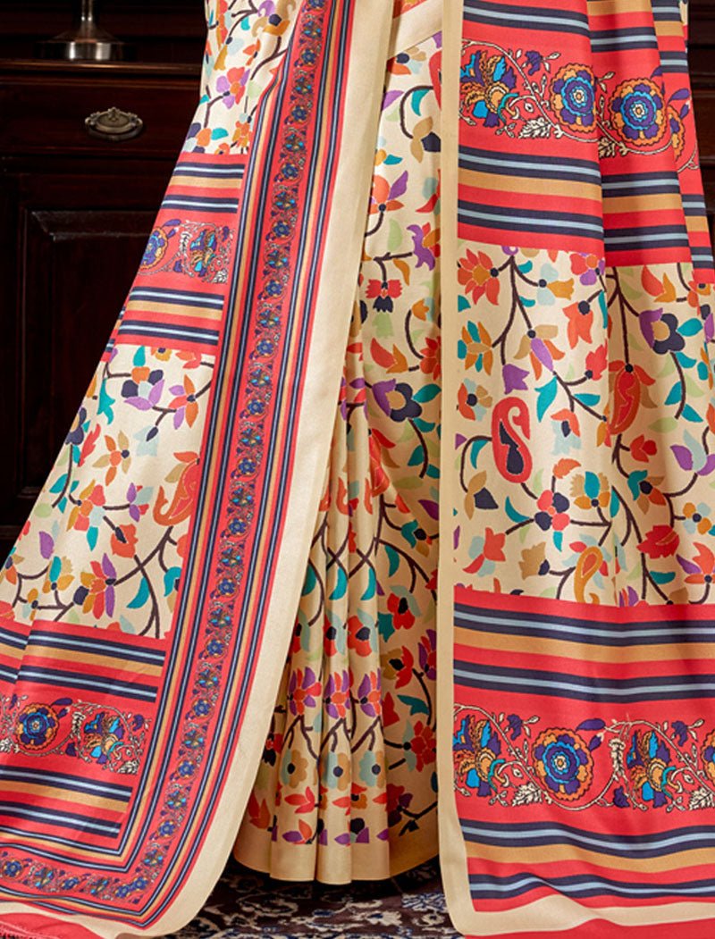 Off White & Peach Pashmina Blouse And Shawl With Digital Print Stylish Beautiful Looking Sarees