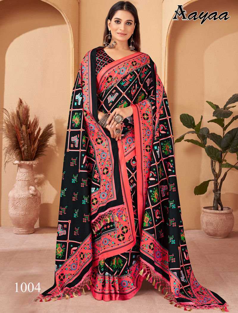 Black & Peach Pashmina Blouse And Shawl With Digital Print Stylish Beautiful Looking Sarees