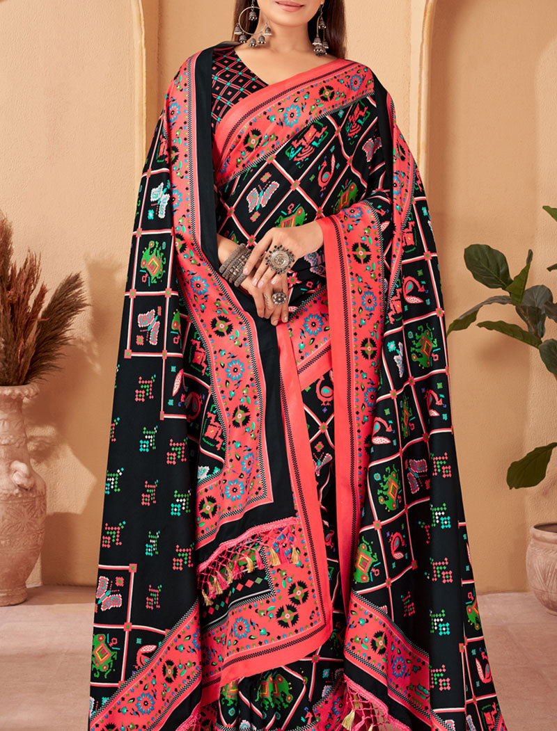 Black & Peach Pashmina Blouse And Shawl With Digital Print Stylish Beautiful Looking Sarees