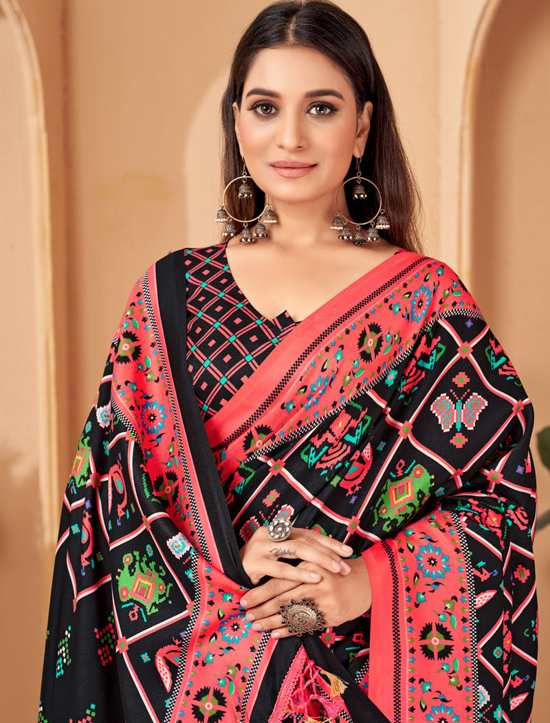 Black & Peach Pashmina Blouse And Shawl With Digital Print Stylish Beautiful Looking Sarees