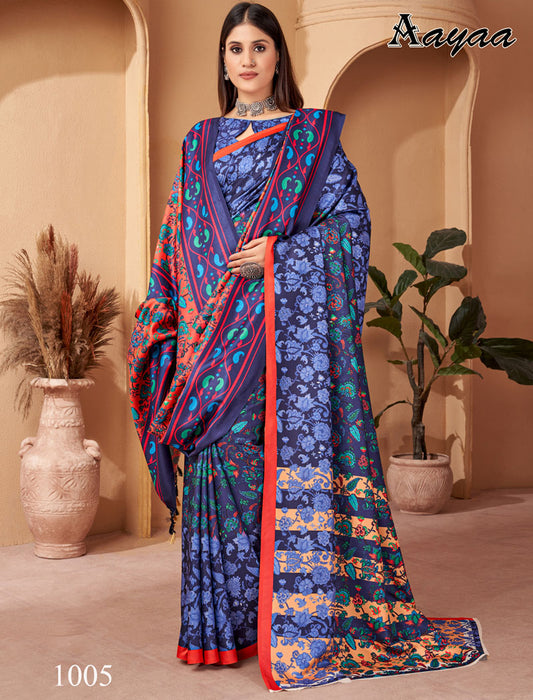 Royal Blue Pashmina Blouse And Shawl With Digital Print Stylish Beautiful Looking Sarees