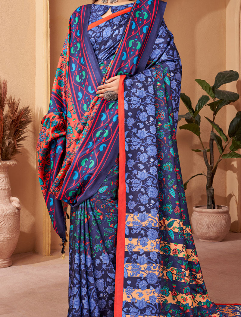 Royal Blue Pashmina Blouse And Shawl With Digital Print Stylish Beautiful Looking Sarees