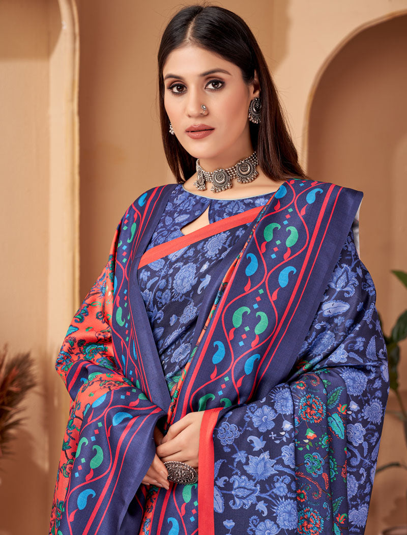 Royal Blue Pashmina Blouse And Shawl With Digital Print Stylish Beautiful Looking Sarees