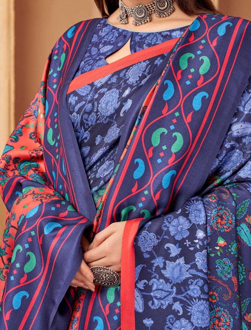 Royal Blue Pashmina Blouse And Shawl With Digital Print Stylish Beautiful Looking Sarees