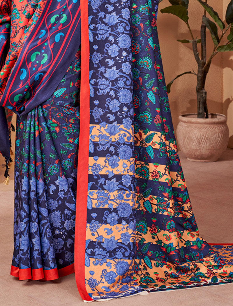 Royal Blue Pashmina Blouse And Shawl With Digital Print Stylish Beautiful Looking Sarees