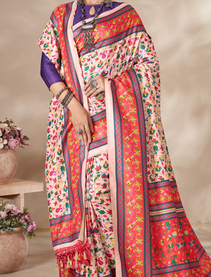 Light Pink & Peach Pashmina Blouse And Shawl With Digital Print Stylish Beautiful Looking Sarees