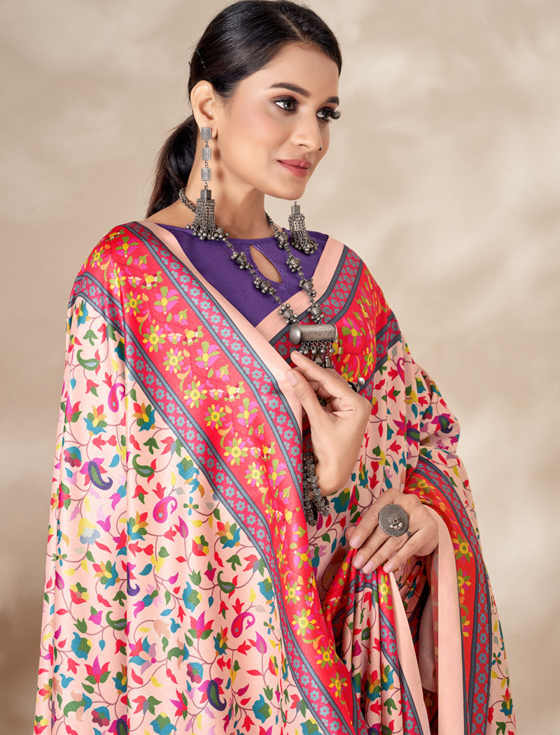 Light Pink & Peach Pashmina Blouse And Shawl With Digital Print Stylish Beautiful Looking Sarees