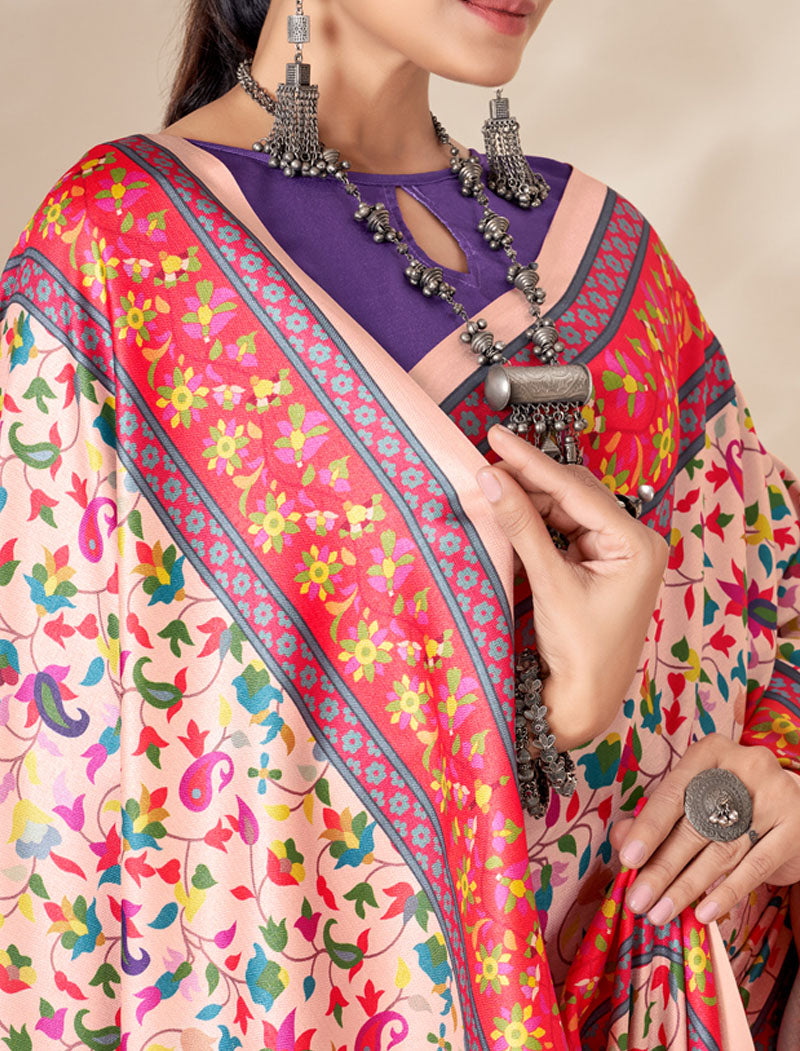 Light Pink & Peach Pashmina Blouse And Shawl With Digital Print Stylish Beautiful Looking Sarees