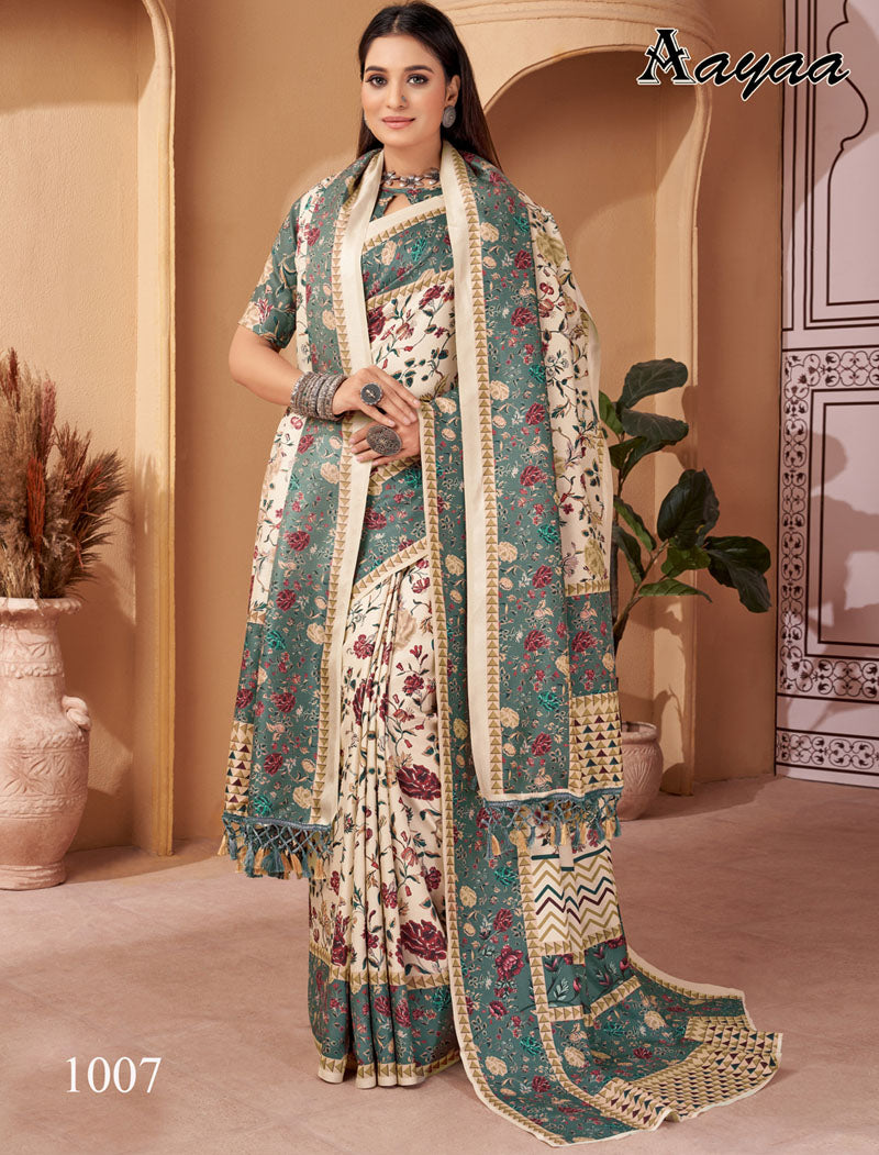 Off White & Green Pashmina Blouse And Shawl With Digital Print Stylish Beautiful Looking Sarees