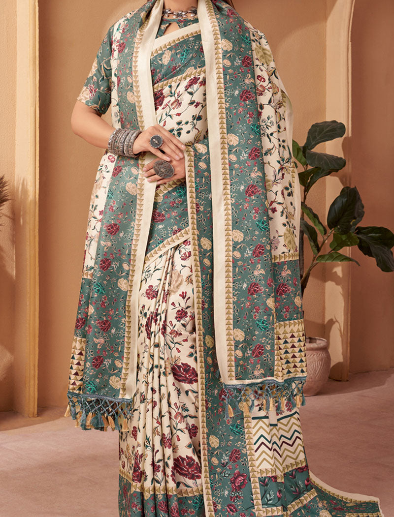 Off White & Green Pashmina Blouse And Shawl With Digital Print Stylish Beautiful Looking Sarees