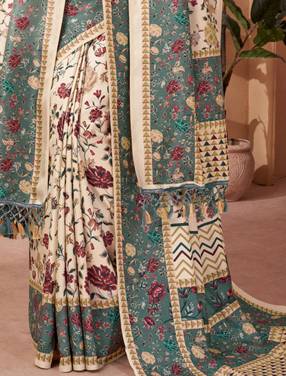 Off White & Green Pashmina Blouse And Shawl With Digital Print Stylish Beautiful Looking Sarees